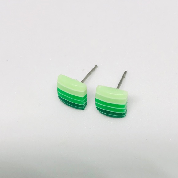 Green Striped Minimalist Repurposed Stud Earrings - Picture 4 of 16